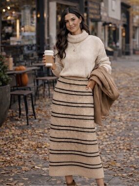 Solitaire Beige & Black Striped Crochet Knit Midi Sweater Skirt Size M